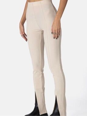 Adika Cream Slim High-Waist Seam-Front Pants with Hem Slits